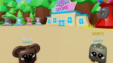 Showing the gum store, a bear and a shiny kitty in Bubble Gum Mayhem