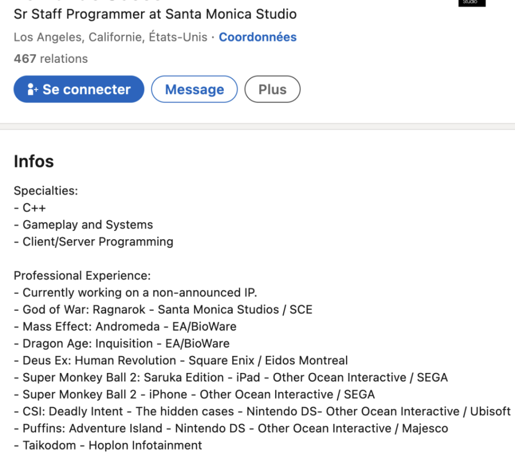A screenshot of a job posting on LinkedIn showing a Sr Programmer from Sony Santa Monica showing they are currently working on "a non-announced IP"