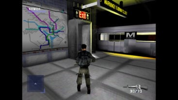 A character in a leather jacket and brown cargo pants stands in a Subway looking towards an exit door and a map of the routes