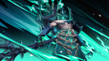 A large character surrounded in neon blue light with bone armor, a long black pitchfork, and metal gauntlets that give off blue energy