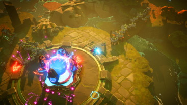 A group of mobs stand in a line over a bridge heading to a large blue circular portal
