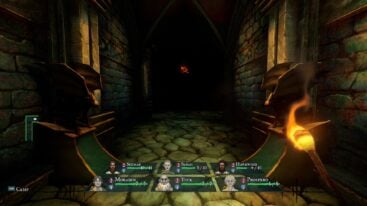 A group of six characters’ icons appear at the bottom oft he screen as a character carries a torch down a dark hallway