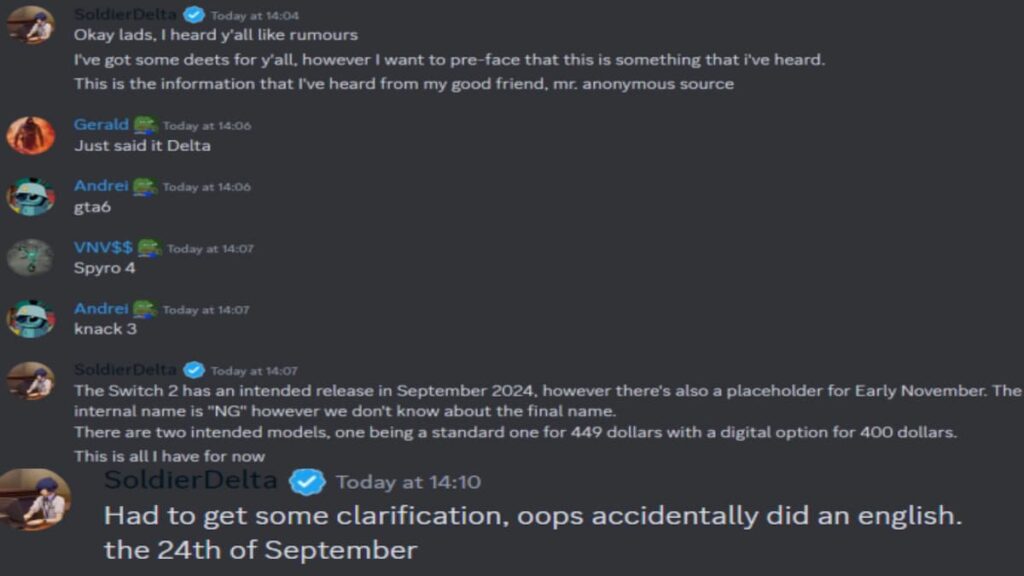 Nintendo Switch Rumor Discord Conversation