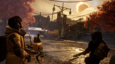 Redfall Burning Sun Near City With Three Armed Players Roaming