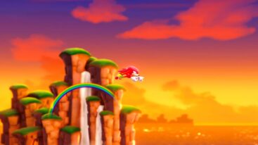 Sonic Superstars Knuckles Flying With Mountains And Sunset Behind Him