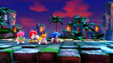 Sonic, Tails, Knuckles, and Amy standing on stone platforms with tall palm trees and torches in the background. The sky is painted in shades of purple and red as night approaches in a vibrant tropical setting