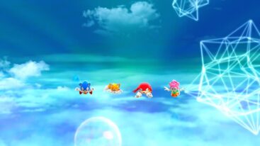 Sonic Superstars Four Charaters Flying Through The Air Sonic Tails Knuckles Amy