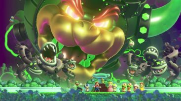 Super Mario Bros Wonder Bowser Looking Evil And Green With Flower Minions Near Mario Luigi Peach Daisy And Toad People
