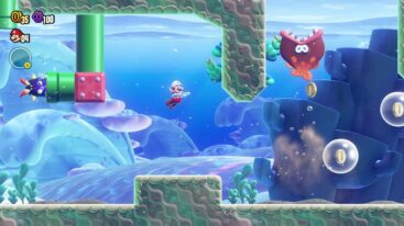 Super Mario Bros Wonder Mario Underwater With Flame Ability Near Pipe And Fish