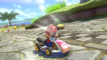 Mario Kart 8 Deluxe Driving Karts Across Track Near Yoshi