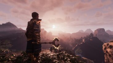 Enshrouded Man With Staff Looking At Mountains