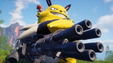 Palworld Yellow Pal With Guns And Player