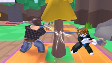 Roblox Lumberjack Simulator Chopping Down A Tree Against A Cowboy Npc