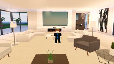 Roblox Millionaire Mansion Tycoon Standing In Living Room With Giant Tv And Sofas