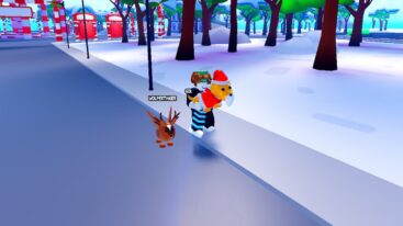 Roblox Pet Tycoon 2 Holding Golden Santa Paws With Pet Beside Me With Snow And Trees