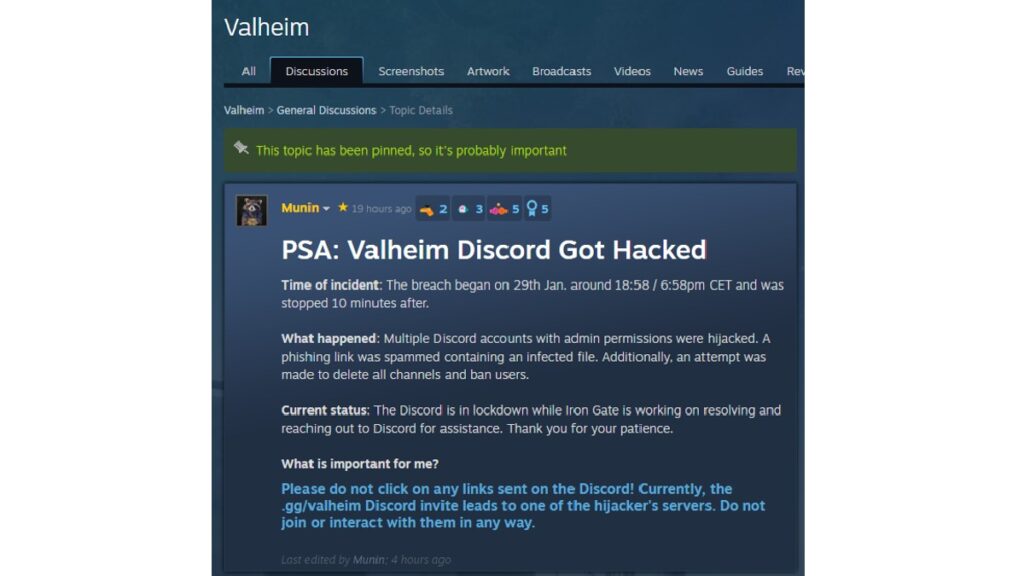 Valheim Discord Hacked Steam Response