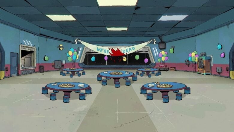 Entre nosotros fiesta de pizza con pancarta sangrienta en la sala de juntas