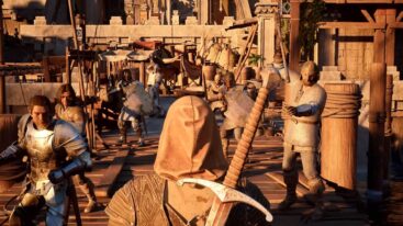 Avowed Swordsman Walking To Other Characters With Weapons