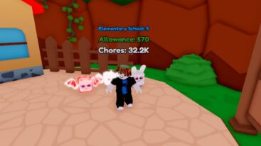 Billionaire Button Simulator Standing Near A Fence With Three Pets Behind