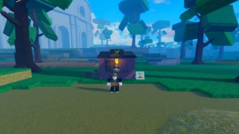 Grimoires Era Standing Before A Vegetable Shack With A Colosseum On The Left