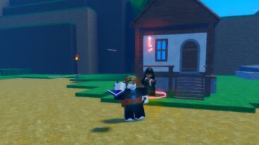 Grimoires Era Standing Next To Quest Giver 3 Npc Holding A Sword Next To A House