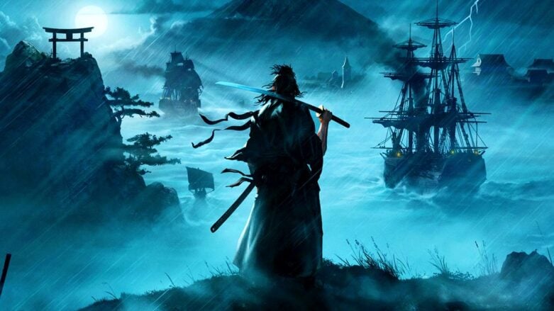 Rise Of The Ronin Swords Hombre mirando un barco en las montañas