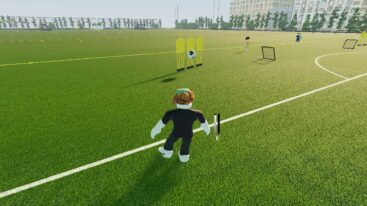 Roblox Real Futbol 24 On A Football Pitch With Football Mid Flight Aiming For Yellow Training Dummies