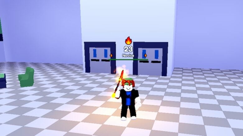 Roblox Sorcerer Fighting Simulator Roblox Avatar Holding Fire Staff On Checkered Floor