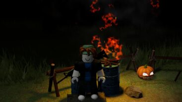 Roblox Undead Mayhem Standing Next To Flaming Barrel And Orange Pumpkin