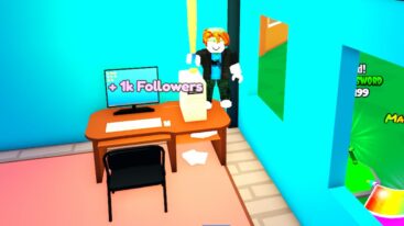 Streamer Tycoon Standing On Desk Near Computer