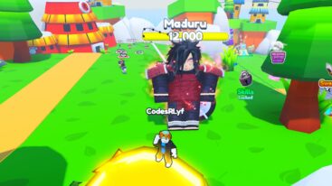 The Heroes Simulator Standing On A Yellow Plant With Giant Maduru Behind