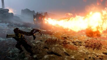 Robot Helldivers 2 Player Running From Fire