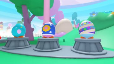 Adopt Me Thre Different Patterned Eggs Sitting On Stone Pedestals