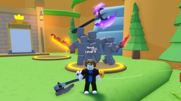 Roblox Warrior Simulator Holding A Mean Looking Axe On Grass With Three Stone Statues Behind