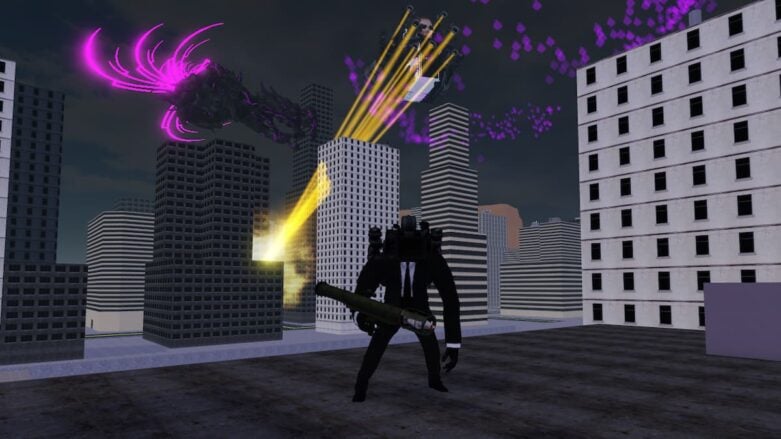 Bathtub Warfare 2 Standing On Building As Giant Mechs Fly In Sky