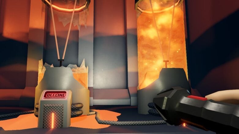 Descent Holding A Flashlight Looking At Tanks Filled With Orange Goo