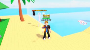 Famous Simulator Standing Before Ocean And Palm Trees With Stick Figure Fan Behind