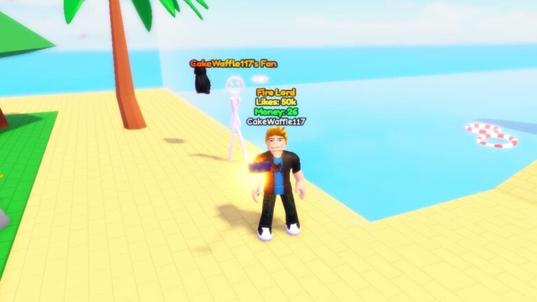 Famous Simulator Standing Before Ocean And Palm Trees With Stick Figure Fan Behind