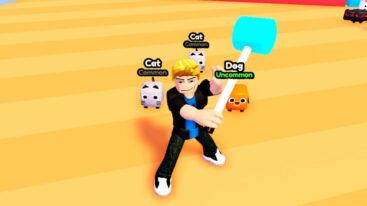 Roblox Bell Striker Simulator Holding A Blue Mallet In The Air With Pets Behind