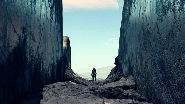 Starfield Space Person In Between Two Walls On Planet