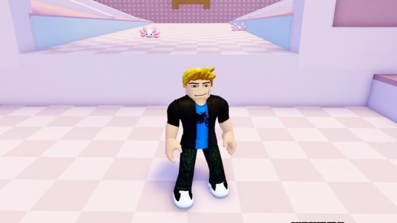 Roblox Axolotl Cleaning Tycoon Standing On Tile Watching Axolotl Sliding Down Ramp