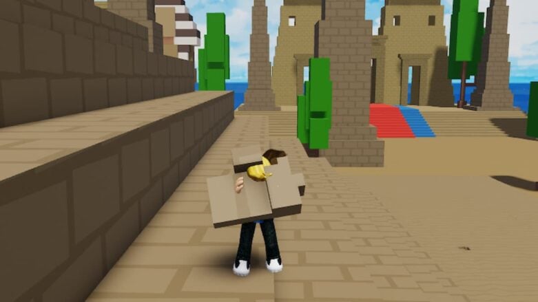 Roblox Eat Everything Holding A Brown Brick And Eating It With Houses Behind