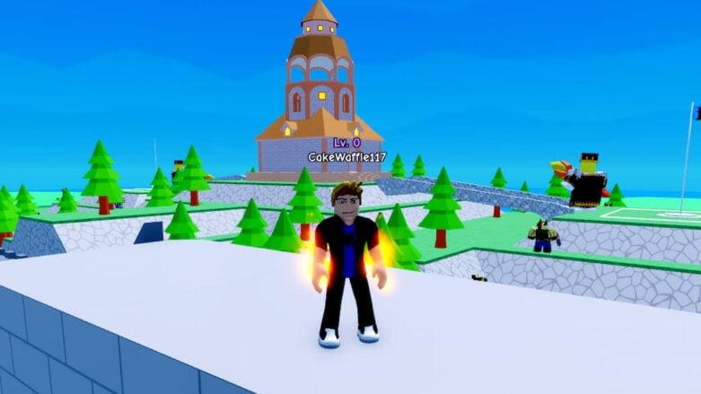 Roblox Elemental Clone Tycoon Standing On Castle Wall With Enemies And Castle Behind