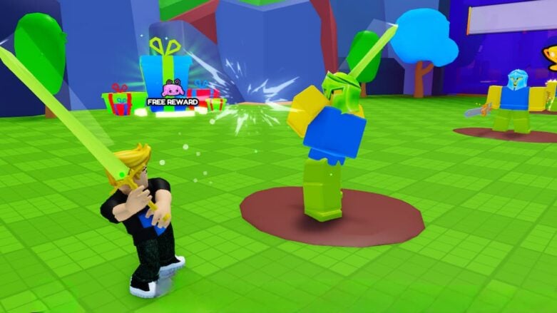 Roblox Extalia Simulator Holding A Sword Having A Sword Fight With Helmet Noob Guard