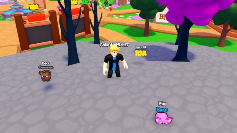 Roblox Mega Clickers Standing On Stone Path Next To Purple Trees With Village In Background