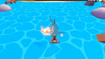 Roblox Shark Bite Simulator Riding A Plank Raft On Ocean With Shark Silhouette Beneath The Water