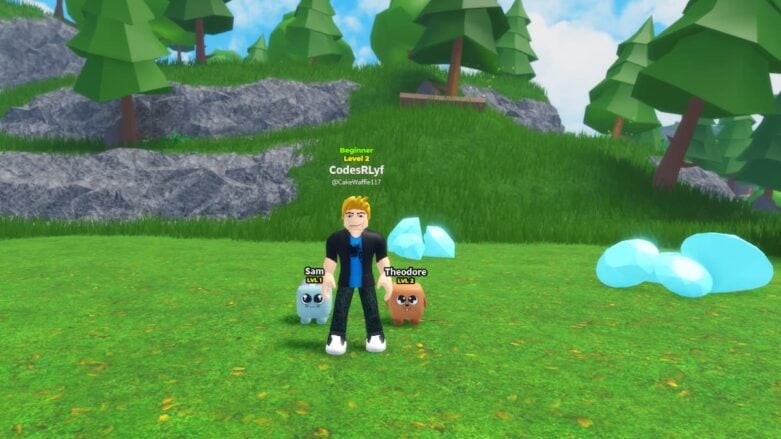 Roblox Tycoon Simulator Standing Near Gems With Two Pets And Trees