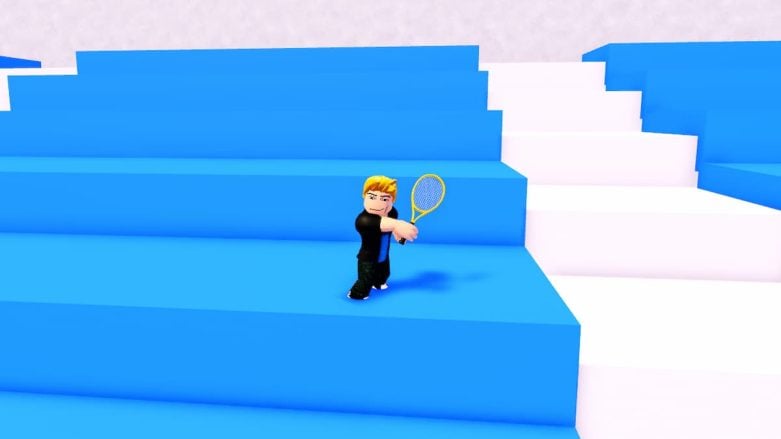 Roblox Tennis Simulator Swinging A Bat On Blue Stands