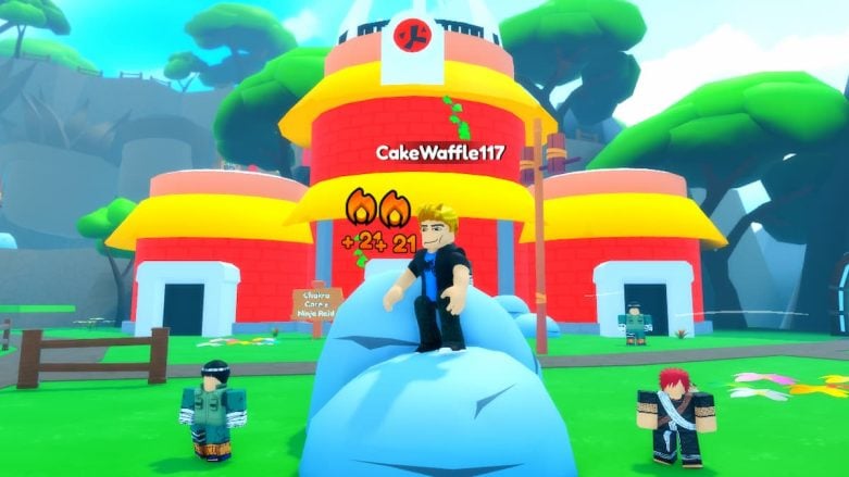 Roblox Anime Strike Simulator Standing On Boulder Red Building Behind