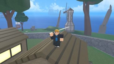 Roblox Bellu Piece Holding A Katana On Building Roof With Windmill And See Behind